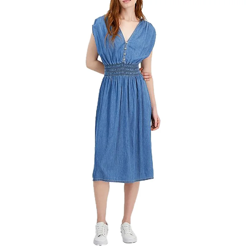 Can't Be Beat Womens Button Shirred Midi Dress