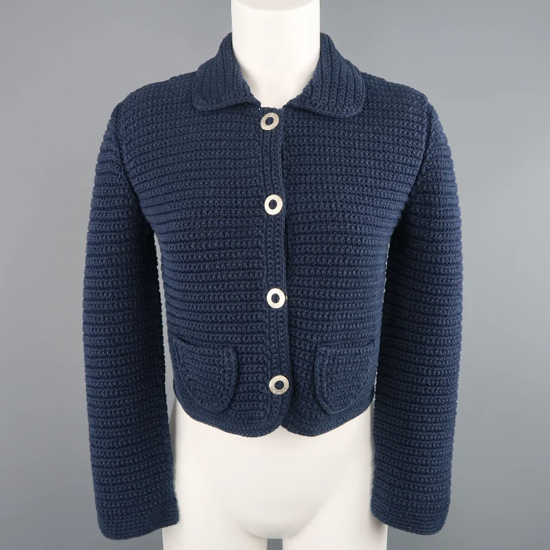 Final Clearance OSCAR DE LA RENTA Size M Blue Cotton Sailor Knit Silver Snap Cropped Jacket