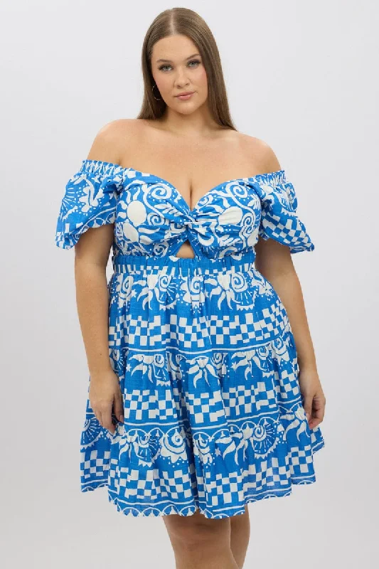 Special Discount Blue Abstract Twist Front Puff Sleeve Elastic Waist Minidress