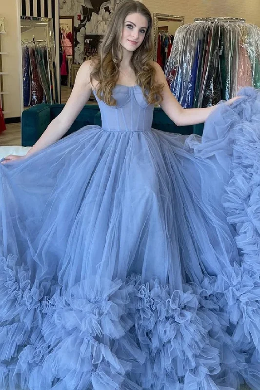 Special Savings Periwinkle Tulle Strapless Tiered A - Line Long Prom Dresses