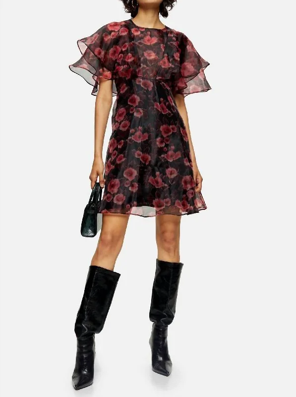 Limited Time Organza Floral Ruffle Mini Dress In Black/red