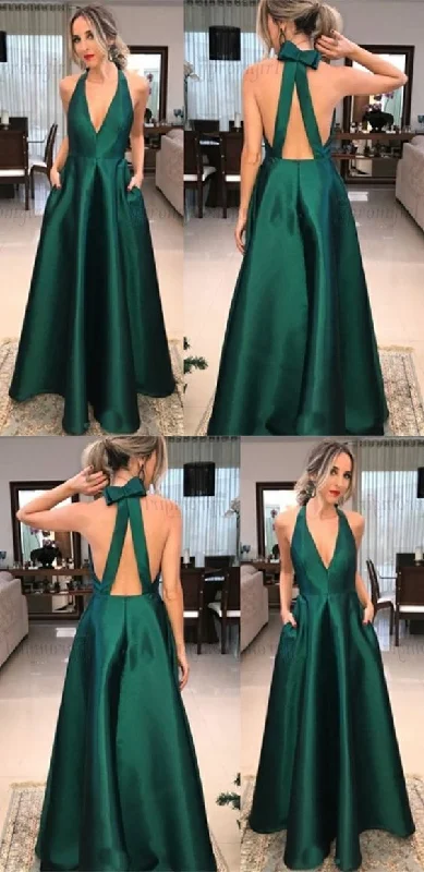 New Arrival Green v-neck halter satin long prom dress, PD5890
