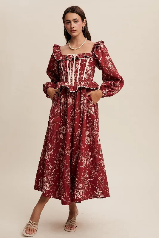 Don’t Miss Out Crimson Floral Square Neck Corset Maxi Dress