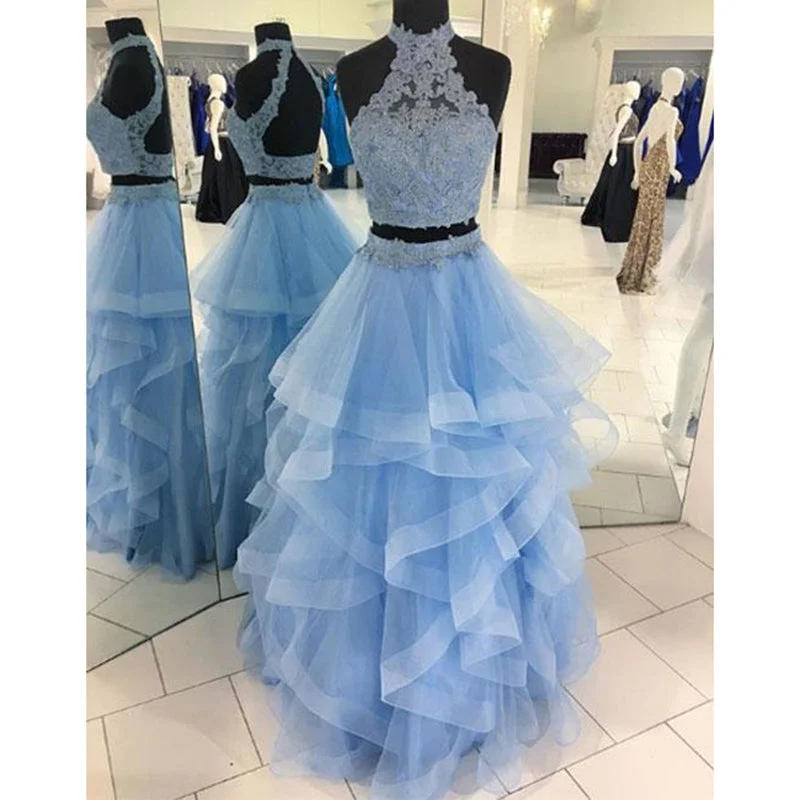 Daily Deals Halter Blue Crop Top Senior Prom dresses Long Tiered Two Pieces Girls Formal Graduation outfit 2020 Daily Deals Halter Blue Crop Top Senior Prom dresses Long Tiered Two Pieces Girls Formal Graduation outfit 2020