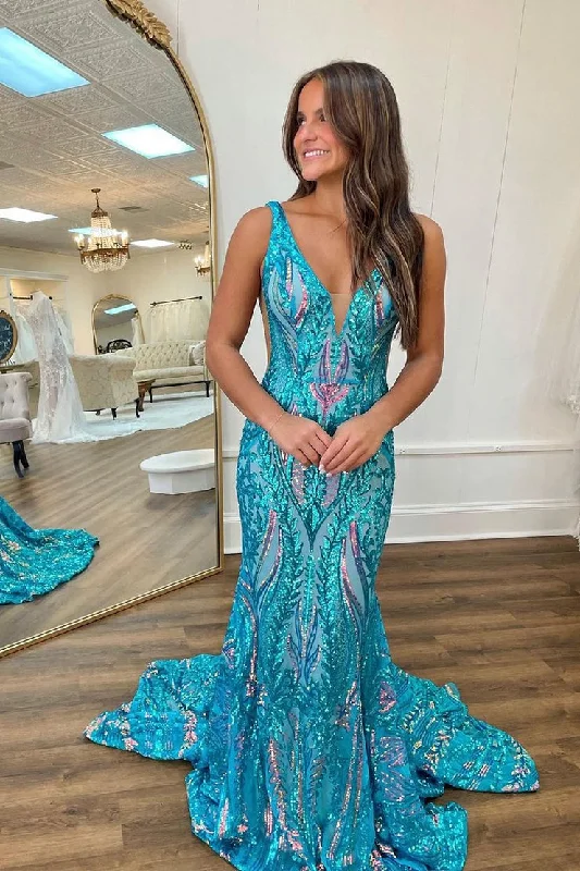 Price Reduction Teal Sparkly Sequins Lace Mermaid V Neck Cute Prom Dress