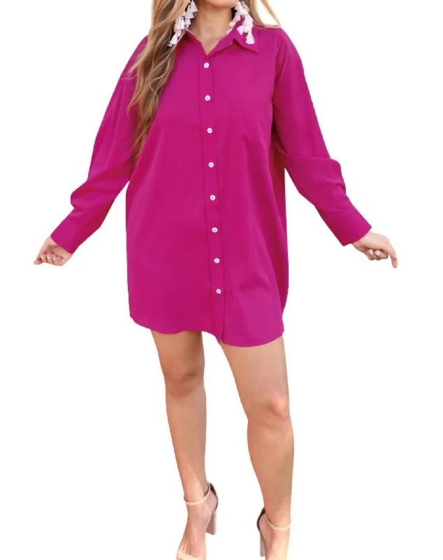 Don't Miss Tristan Button Up Shirt Dress In Magenta