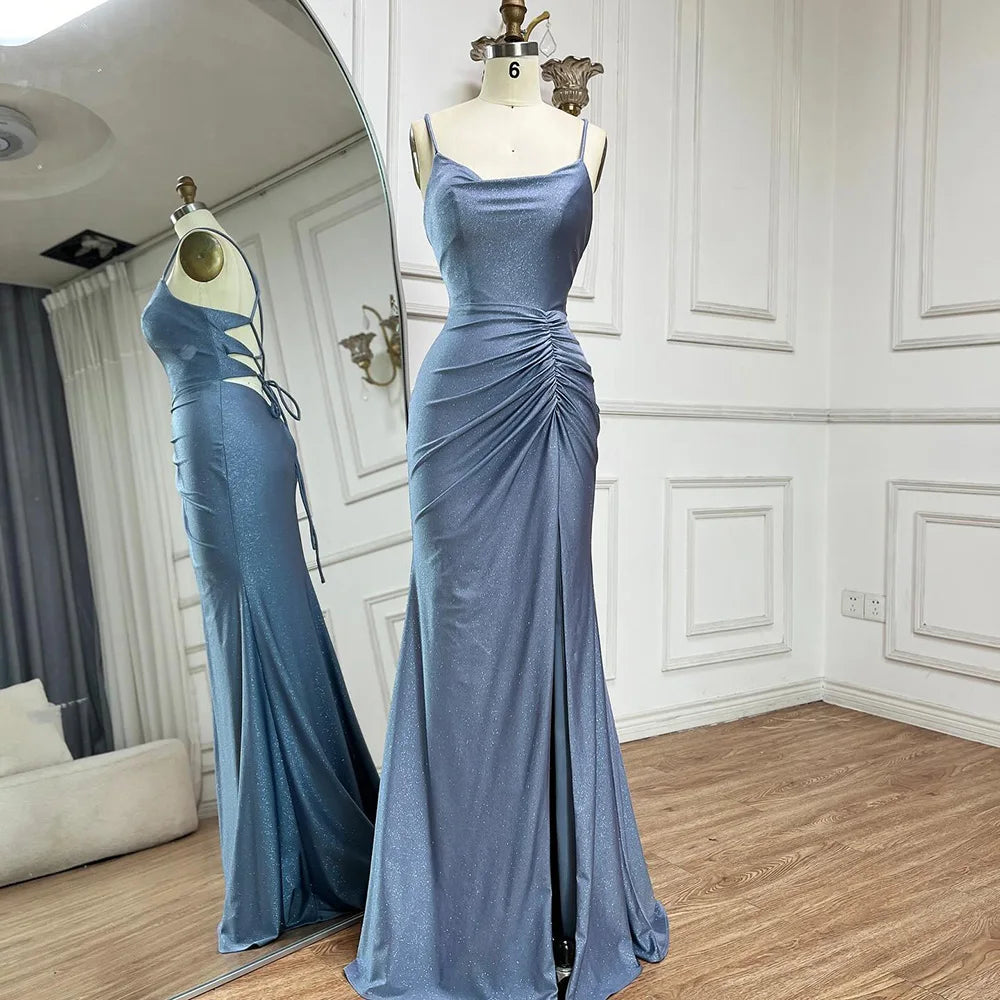 Unbeatable Prices Serene Hill 2024 Saudi Arabic Blue Elegant Spaghetti Strap Mermaid Long Evening Gown with Split for Formal Occasion LA72720