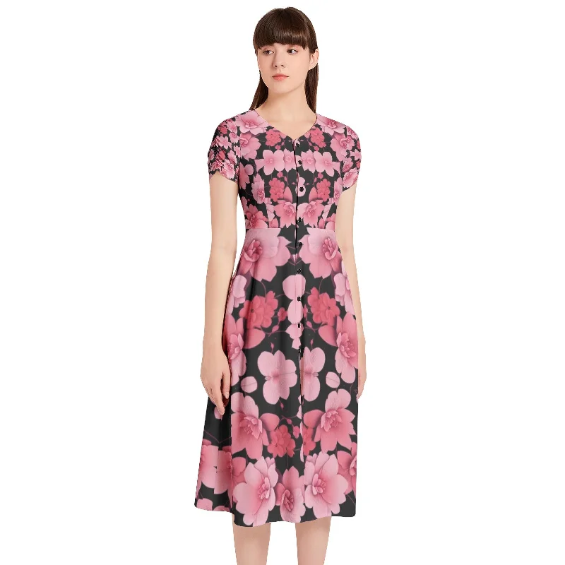 Daily Deals Silver grey white hair inspiration Sleeve Button Through pink flower Dress