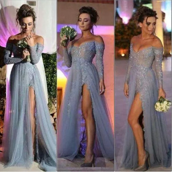 New Deals Grey Off the Shoulder Lace Beaded Prom Dresses with Long Sleeves Formal Dubai Evening Gown 2020 New Deals Grey Off the Shoulder Lace Beaded Prom Dresses with Long Sleeves Formal Dubai Evening Gown 2020
