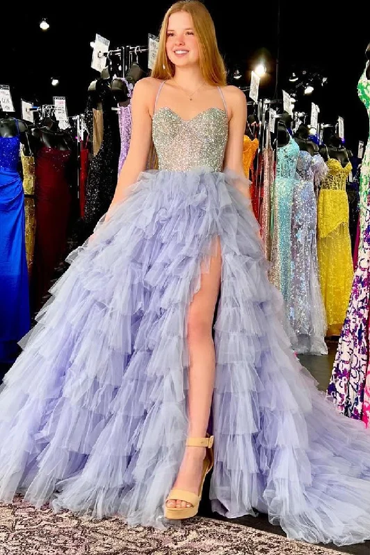Early Access Lilac Tulle Sweetheart Ruffle Tiered Long Prom Dresses with Beads