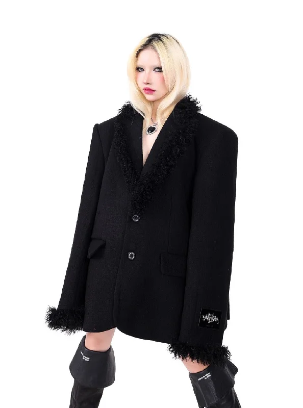Overstock PINKSPINK Faux Fur Trim Blazer - Black
