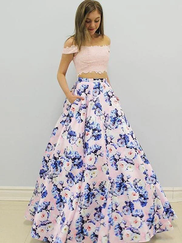 The Best Prices off shoulder two pieces floral long prom dress ball gown, PD6587