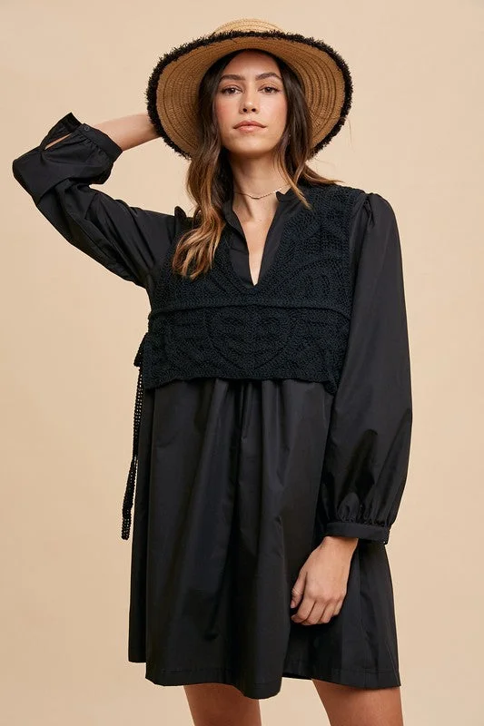 Seasonal Sale Crochet Vest Notched Long Sleeve Shirt Black Resort Dress
