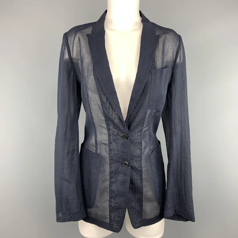The Best Prices DRIES VAN NOTEN Size 6 Navy Blue Sheer Cotton Jacket / Blazer