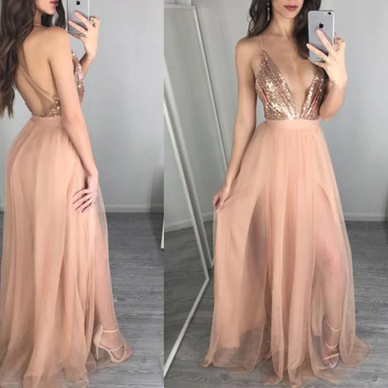 Huge Savings Gold Prom Dress Sexy Slit Sequins Party Dress