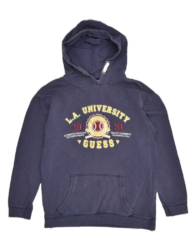 Weekend Deal GUESS Womens Graphic Hoodie Jumper UK 12 Medium Navy Blue Cotton