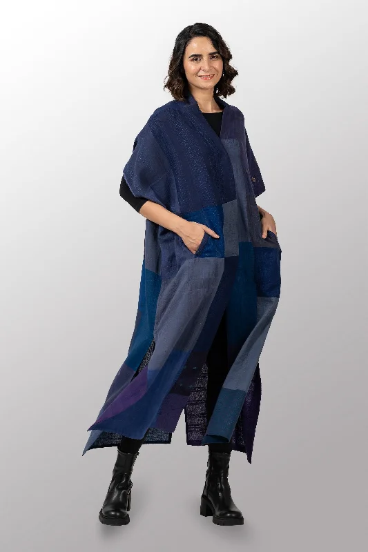 Price Cut BROCADE PATCHED KANTHA PONCHO DRESS - bp2443-blu -