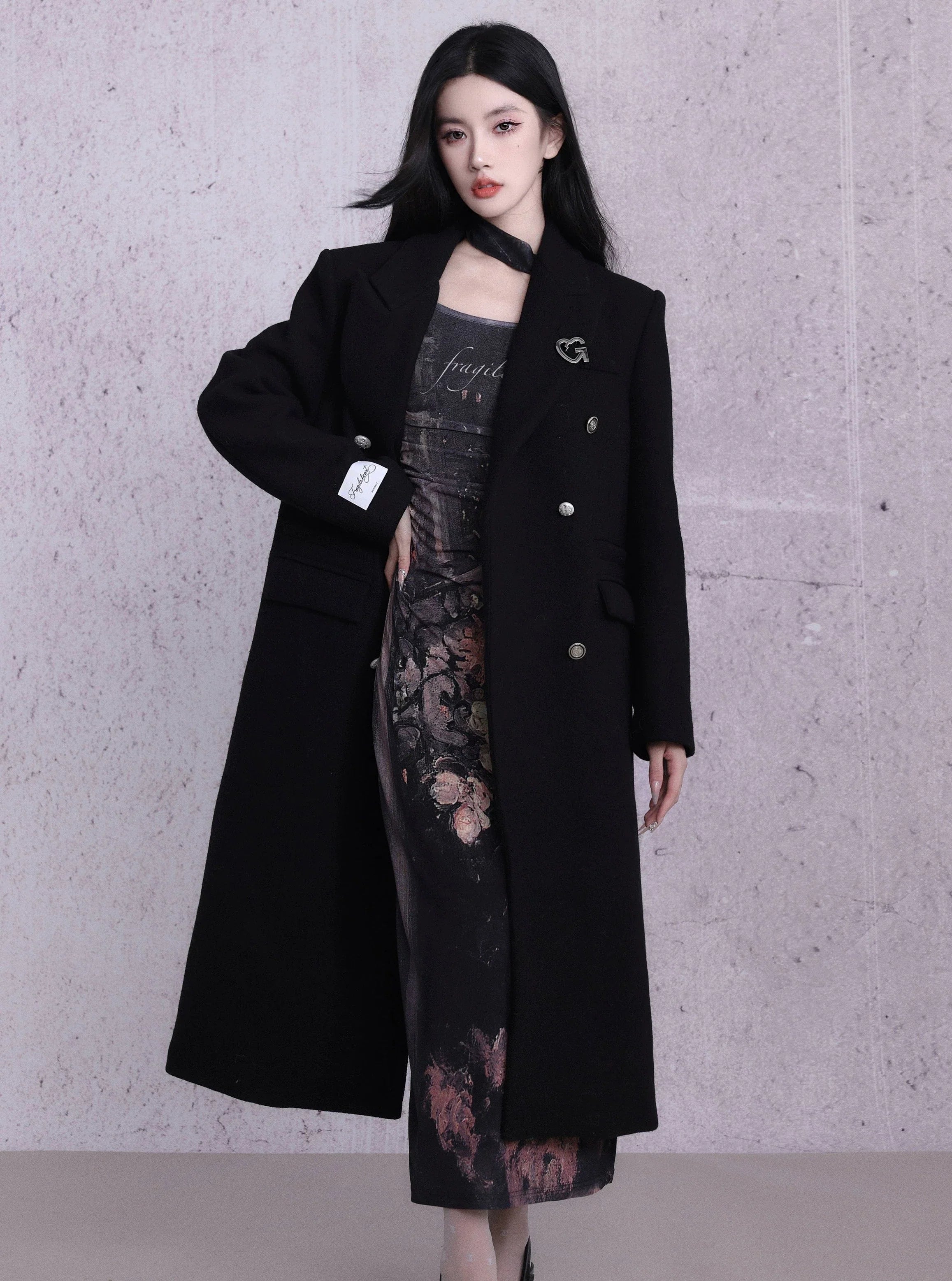 Doorbuster Deal Classic Black Double-Breasted Longline Wool Coat with Silver Buttons