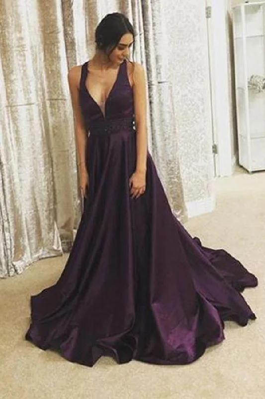 Limited Quantity v-neck dark purple satin long prom dress, BD7677