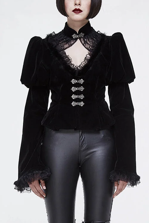 Buy More, Save More Small Stand Collar Flared Princess Sleeve Black Velveteen Short Womens Gothic Jacket