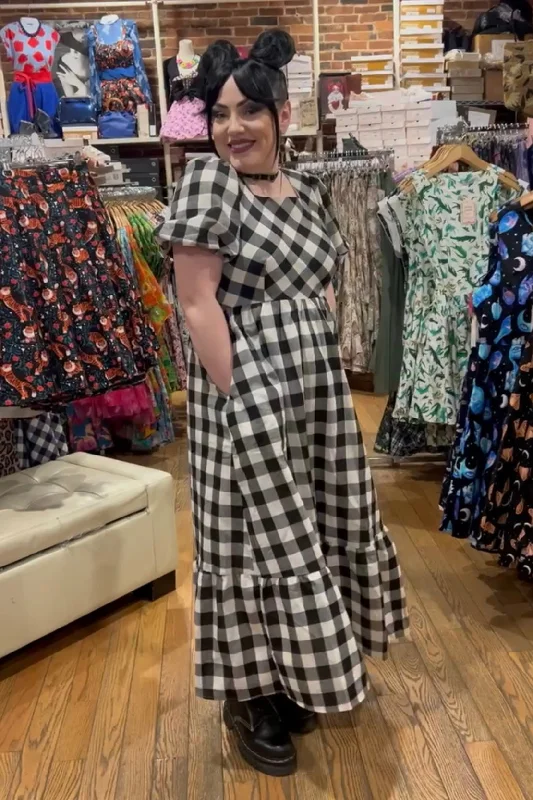 Epic Deals Black and White Gingham Bubble Sleeve Maxi Dress