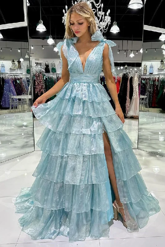 Deal Alert Light Blue V Neck Tiered Ruffle Long Prom Dresses with Slit