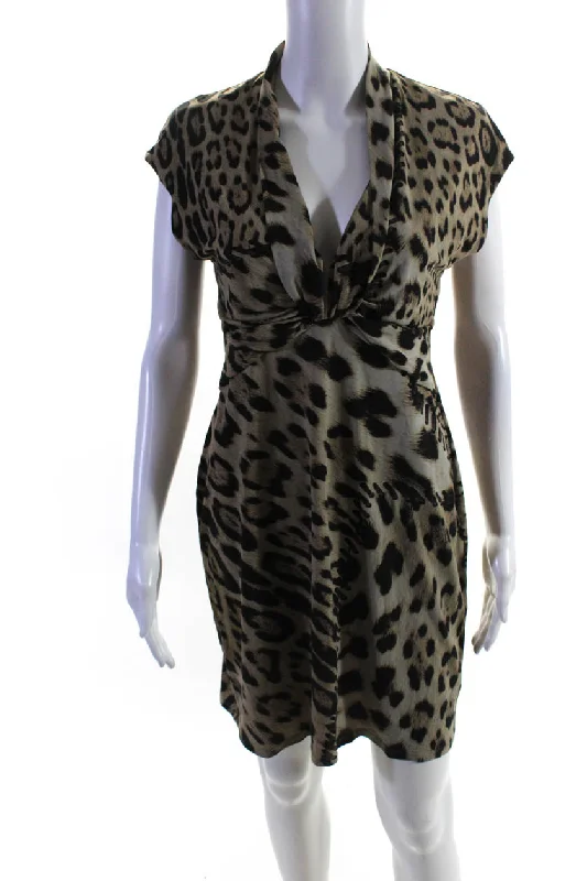 Savings Event Roberto Cavalli Women's Leopard Print V-neck Gathered Shift Dress Beige