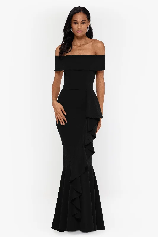 Hurry In "Carina" Long Off the Shoulder Ruffle Dress