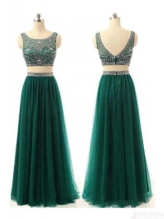 Discount Extravaganza charming two pieces beaded green tulle long prom dress, PD445 Discount Extravaganza charming two pieces beaded green tulle long prom dress, PD445