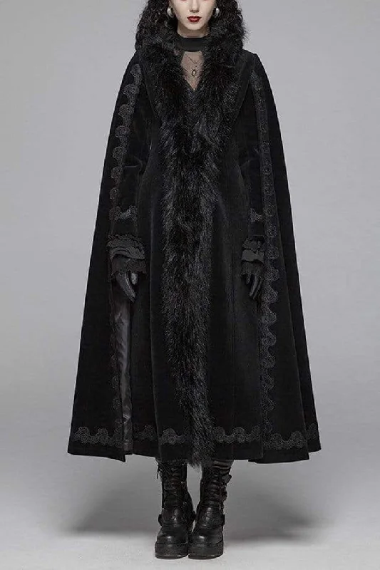 Price Drop Black Fur Collar Slit Cloak Shape Sleeve Back Waist Lace Up Imitation Cashmere Long Women's Gothic Coat Price Drop Black Fur Collar Slit Cloak Shape Sleeve Back Waist Lace Up Imitation Cashmere Long Women's Gothic Coat
