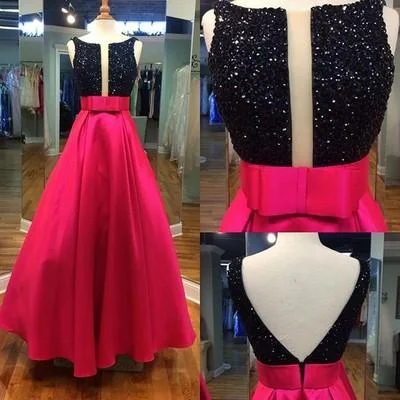 Deal Mania red A-line satin black beading top long prom dress, PD12540