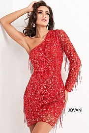 Warehouse Sale Jovani 2645 short one shoulder cocktail dress fringe embellished fitted long sleeve Warehouse Sale Jovani 2645 short one shoulder cocktail dress fringe embellished fitted long sleeve