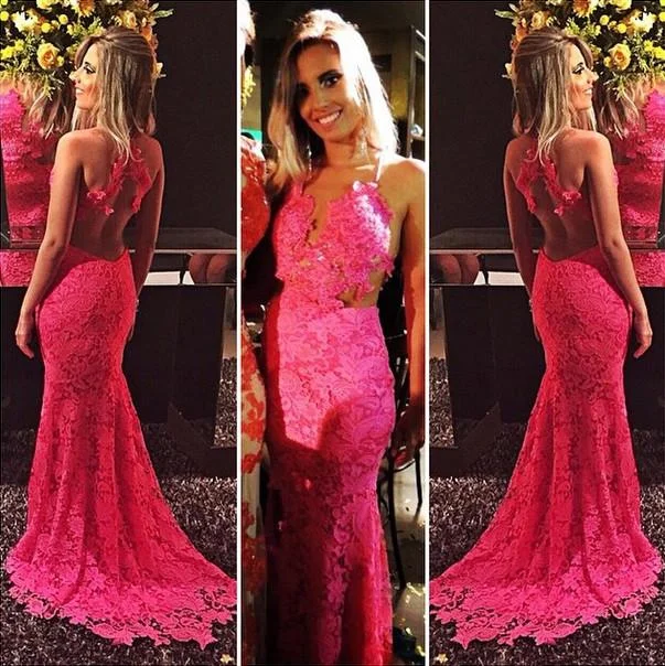 Savings Bonanza open back elegant formal hot pink lace long charming prom dress, PD446 Savings Bonanza open back elegant formal hot pink lace long charming prom dress, PD446