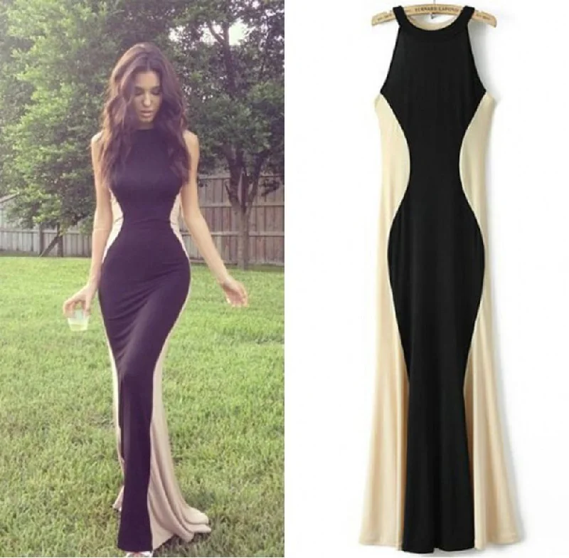 Discount Deals simple black and ivory fitted long prom dress, PD40003