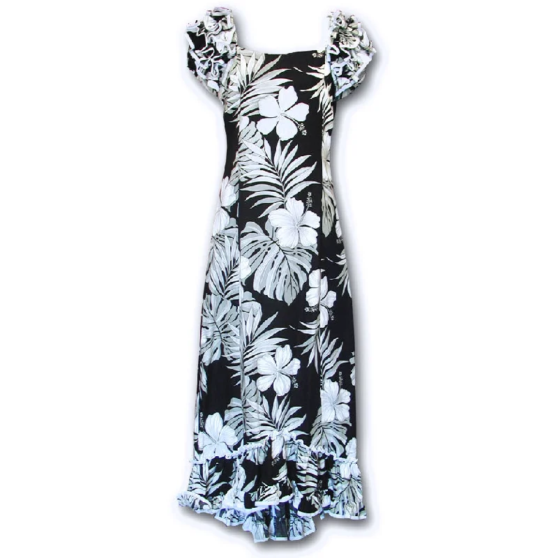 Anniversary Sale Big Hibiscus Black Ruffle Shoulder Muumuu