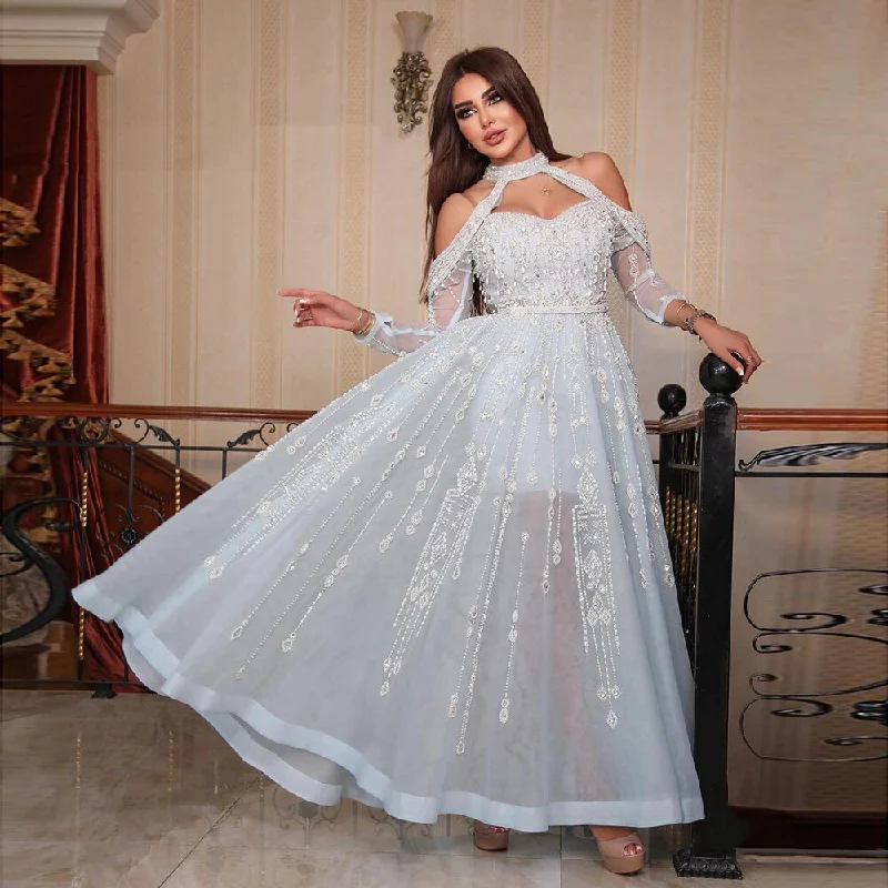 Overstock Serene Hill Luxury Dubai Light Blue Evening Dress for Women Wedding Elegant Off Shoulder Beaded Formal Party Gowns LA72003