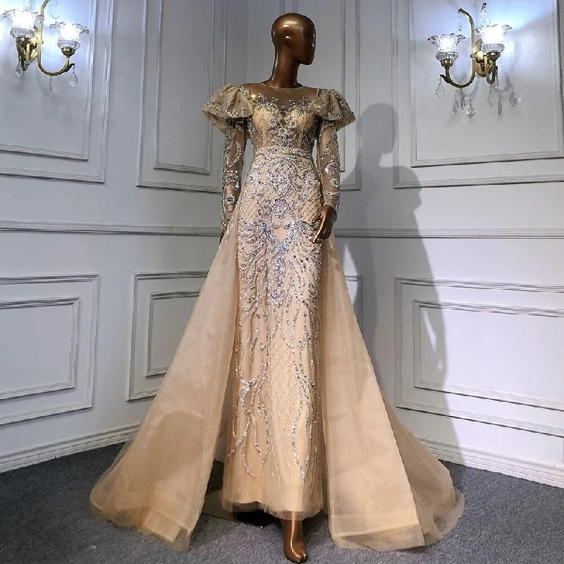 Deal Mania Serene Hill Muslim Nude Balloon Sleeves Beaded Mermaid Evening Dresses Gowns 2024  Luxury With Overskirt For Woman Party LA71352