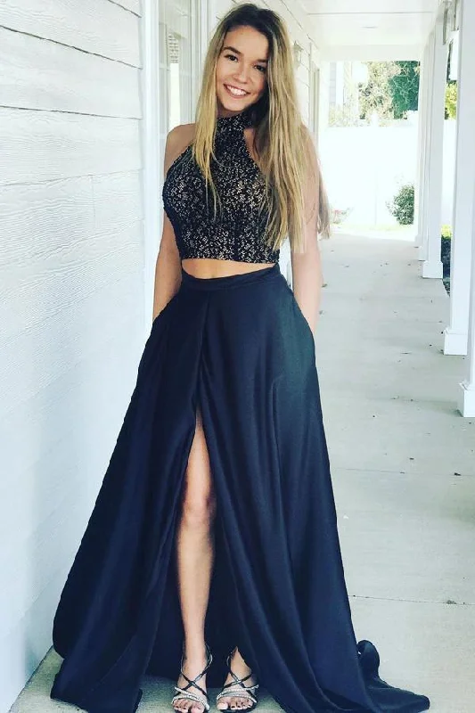 Limited Time Discount navy halter lace top formal side slit chiffon long prom dress, PD4159 Limited Time Discount navy halter lace top formal side slit chiffon long prom dress, PD4159