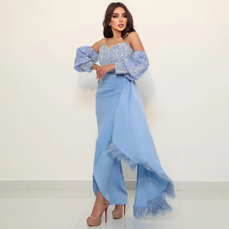 Final Clearance Serene Hill Arabic Blue Sexy Mermaid Puff Sleeves Beaded Feathers Luxury Dubai Evening Dresses Gowns For Women Party LA72080