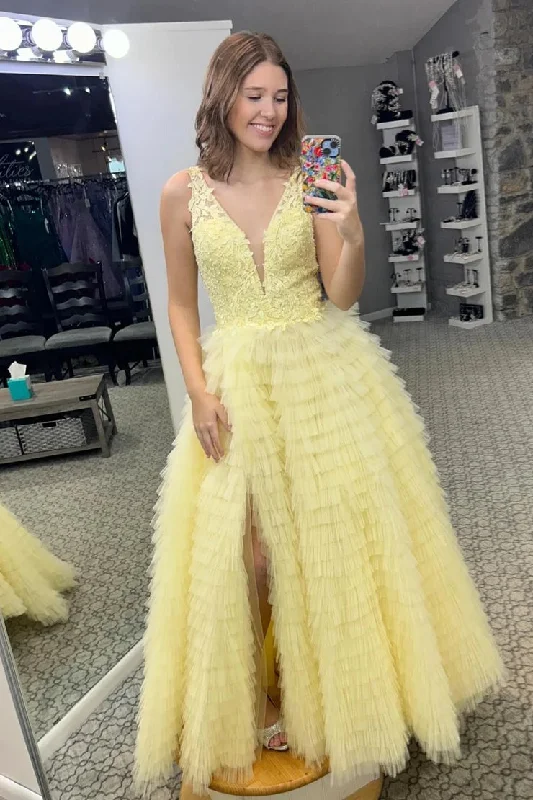Online Specials Yellow Tulle V Neck Tiered A - Line Long Prom Dresses