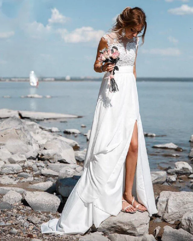 Stock Clearance Elegant Cap Sleeves Vintage Lace and Chiffon Split Beach Wedding Dress Vestido De Novias WD10122 Stock Clearance Elegant Cap Sleeves Vintage Lace and Chiffon Split Beach Wedding Dress Vestido De Novias WD10122