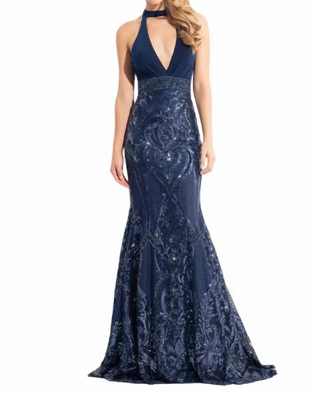 Instant Savings Halter Neck Embellished Mermaid Gown In Navy