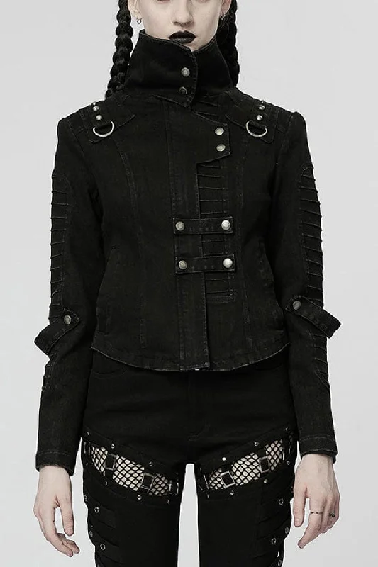 Special Offer Black Denim Slant Pocket Washed Distressed Stretch Women's Punk Jacket