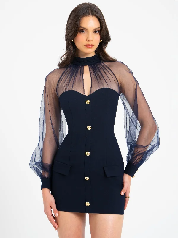 Special Savings Tabitha Navy Blue Mesh Lantern Sleeve Mini Dress