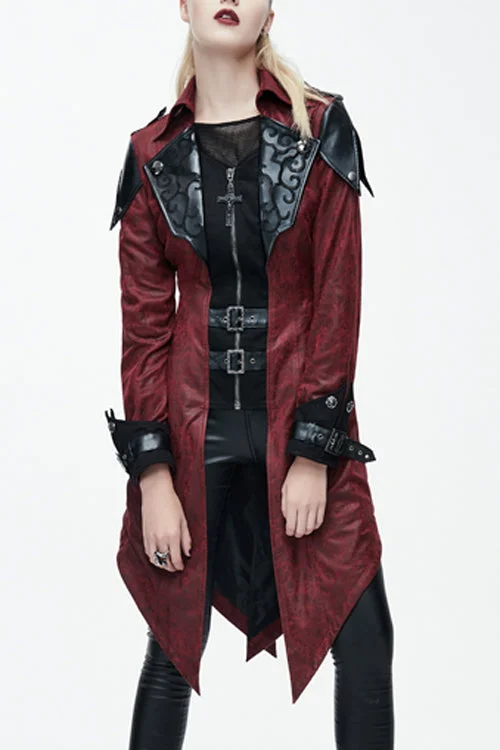 Blowout Sale Punk Black And Red Applique Womens Hooded Leather Long Coats