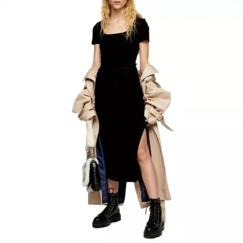 Special Promotion Rib Knit Tie Waist Slit Bodycon Stretch Midi Dress In Black