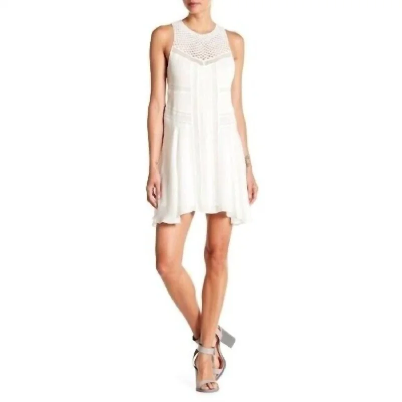 Exclusive Access Silk Eggshell Crochet Neckline Pleated Dress In White