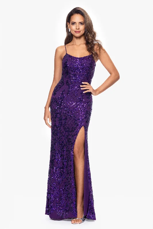 One-DAY Sale "Eve" Long Sequin Placement Lace Up Back Dress