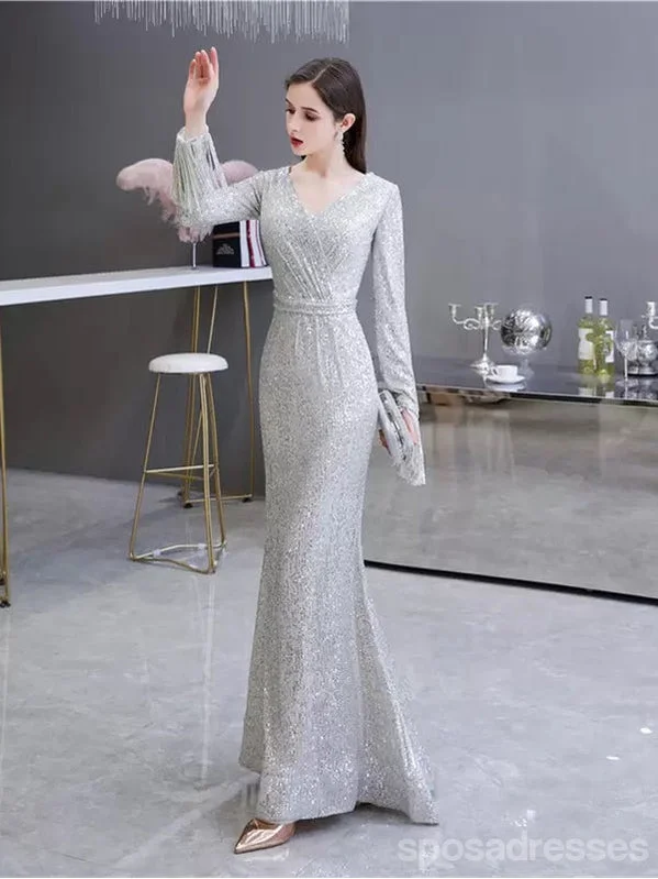 Take Advantage Sexy Silver Mermaid Long Sleeves V-neck Cheap Prom Dresses Online,12952 Take Advantage Sexy Silver Mermaid Long Sleeves V-neck Cheap Prom Dresses Online,12952