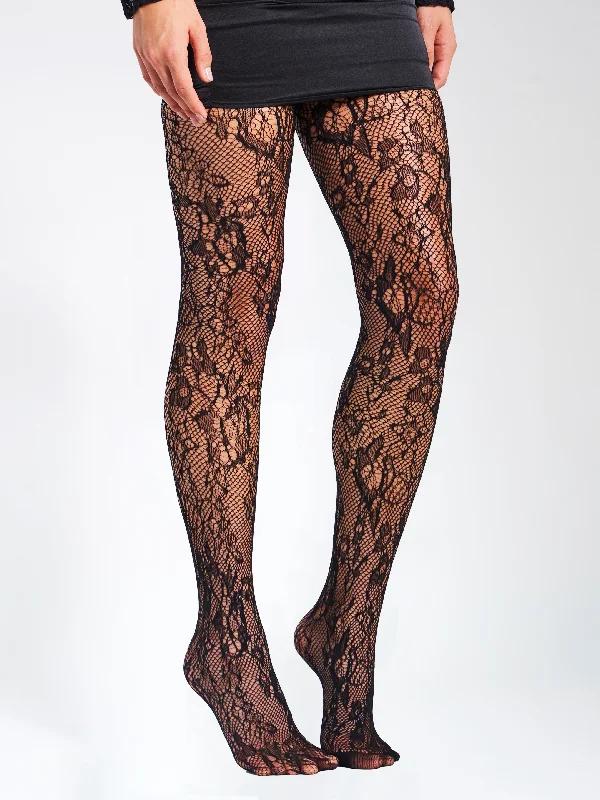 New Deals Miss Circle Black Lace Floral Print Tights